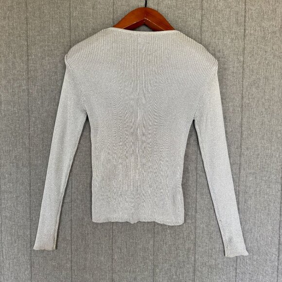 90s Vintage Gap Silver Metallic V Neck Button Up Ribbed Knit Cardigan Size M - Picture 6 of 14